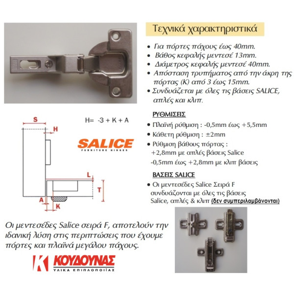 Μεντεσές SALICE Φ40 μέσα πόρτα